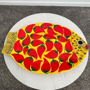 Vtg Mexican Folk Art Fish Pottery Plate Hand Painted Chili Pepper Wall Art Decor